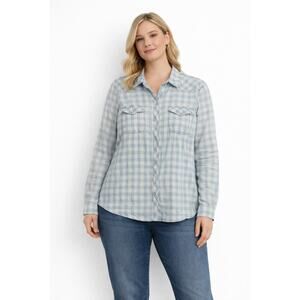 Light Blue Plaid Button Up Shirt Womens Size L Long Sleeve Western Style